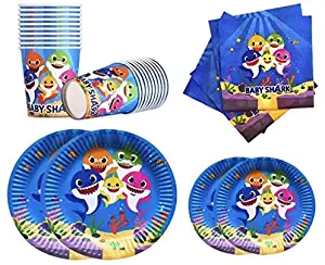 Nami Products SHARK PARTY Supplies Birthday Blue Baby Shark Party Dessert Set 16pcs Large Plate, 16 pcs Small Plate, 16 pcs Cups, 16 pcs Napkins - Party Kit for Kids Birthday Shark Theme Baby Shower (16 Guests)…