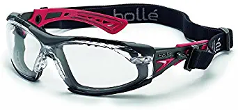 Bolle Safety Rush+ Safety Glasses with Assembled Foam and Strap, Black & Red Frame, Clear Lenses