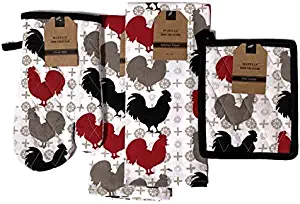 Mabelle Rooster Kitchen Linen Bundle 1 Quilted Pot Holders, 2 Kitchen Towels 1 Oven Mitt