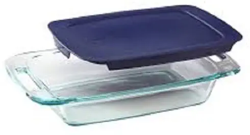 Pyrex Basics 3 Quart Glass Oblong Baking Dish with Blue Plastic Lid - 9 inch x 13 Inch