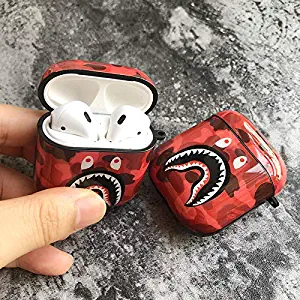 Shark Teeth Camo Softshell Silicone AirPods IMD Case for Apple AirPods 2 & 1, Wireless Charging Case Protective Cover and Skin Supreme Girls Boys Women Kids Teens Airpods (red)