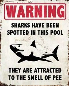 Tin Sign | Metal Poster Warning Shark in the Pool 8 x 12 in. | Fun Decorative Wall Plaque for Pool Room Garage Man Cave | Fun Warning Style