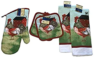 Home Collection Country Farm Rooster Kitchen Towel Set with 2 Quilted Pot Holders, 2 Towels and 1 Oven Mitt