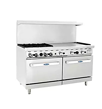 Atosa ATO-4B36G 60'' Gas Range. (4) Open Burners and 36'' Griddle on the RIGHT with Two 26'' 1/2 Wide Ovens