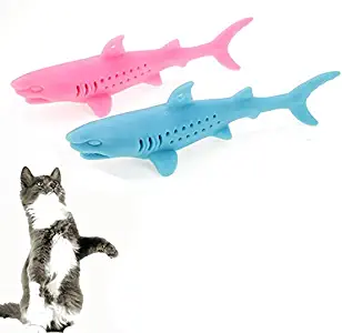 IKAAR Catnip Toys Interactive Cat Toys Catnip Fish Toy Toothbrush, Soft Mint Shark Shaped Cat Chew Toy for Cats Kitten Chew Pet Supplies Pack of 2 (Blue + Pink)