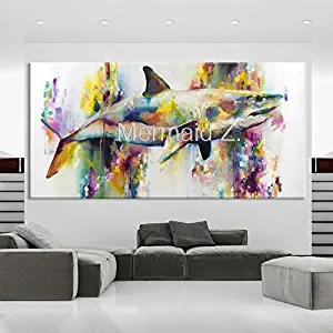 Hand-Painted Graphics Modern Wall Art On Canvas Animal Oil Painting Whales Art Canvas Watercolor sea Animal Home Decor Colorful White Shark Pictures Room Decor (24x48inch)