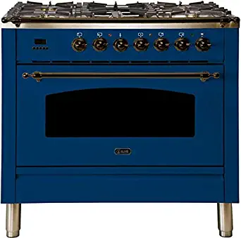 Ilve UPN90FDMPBLY Nostalgie Series 36 Inch Dual Fuel Convection Freestanding Range, 5 Sealed Brass Burners, 3.55 cu.ft. Total Oven Capacity in Blue, Bronze Trim (Natural Gas)