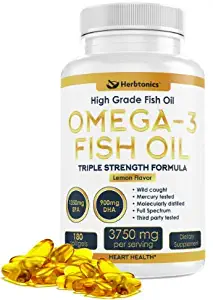 High Strength Omega 3 Fish Oil Supplement 3750MG (HIGH EPA 1350 MG + DHA 900 MG) 180 Capsules with Essential Fatty Acids Pills Triple Strength Burpless Wild Caught Heart Health Joint Support