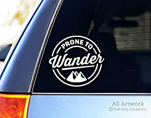 Salt City Graphics Prone to Wander Decal, Wanderer Sticker - Outdoors, Mountains, Backpacking, Explorer - Car Decal, Bumper Sticker (5 inches Wide, White)
