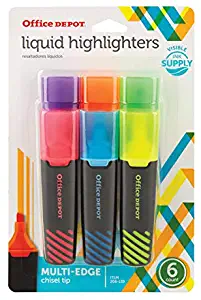 Office Depot Brand Liquid Highlighters, Chisel Point, Black/Translucent Barrel, Assorted Ink Colors, Pack of 6