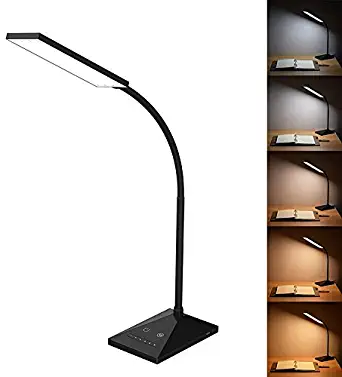 VICFUN LED Desk Lamp, 5 Color Modes with 7 Levels of Brightness, Eye-Caring Dimmable Table Lamp Office Lamp with USB Charging Port, Touch Control Sensitive Dimmable 12W Black