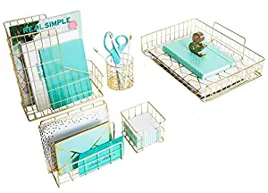 Blu Monaco Office Supplies Gold Desk Accessories for Women - 5 Piece Wire Gold Desk Organizer Set – Letter Sorter, Paper Tray, Pen Cup, Magazine File - Stationery Decor