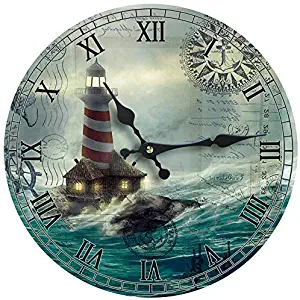 Wall Clock Wood Lighthouse Decorative 13 Inch Beach Theme Perfect Decor for Kitchen Bathroom Office Rustic Battery Operated Clocks Great Nautical Theme for Bedroom Ocean Decoration Ticking Tropical